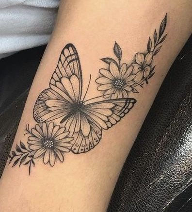 Forearm Butterfly Tattoo Women, Butterfly Daisy Tattoo, Butterfly And Daisy Tattoo, Daisy And Butterfly Tattoo, Matching Mom Daughter Tattoos, Mermaid Tattoo Designs, Floral Tattoo Shoulder, Turtle Tattoo Designs, Matching Best Friend Tattoos