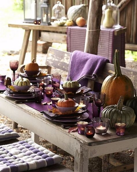 Rustic-Styled Outdoor Thanksgiving Table ...purple ! #Anthropologie #PinToWin Outdoor Thanksgiving Table, Coastal Thanksgiving, Thanksgiving Table Settings Rustic, Thanksgiving Table Settings Centerpieces, Turkey Carving, Thanksgiving Table Settings Diy, Thanksgiving Decorations Outdoor, Centerpiece Inspiration, Outdoor Thanksgiving