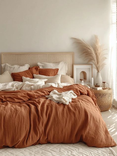 Transform your bedroom into a cozy sanctuary with this earthy, natural look! Embrace warm tones and textured fabrics for the perfect home bedroom refresh. Add pampas grass for a chic touch. Ready to refresh? Start now! 🛒🛏️ #BedroomDecor #HomeRefresh #InteriorDesign Terracotta And Tan Bedroom, Rusty Bedroom Ideas, Master Bedrooms Terracotta, Terracota Bedding Room, Burnt Orange And Sage Bedroom, Terracotta Guest Bedroom, Dusty Orange Bedroom, White And Terracotta Bedroom, Aesthetic Bedding Ideas