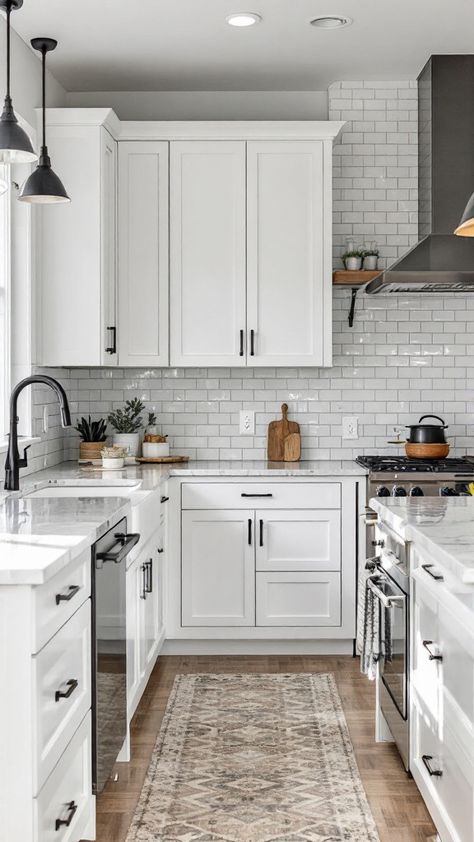 Get inspired with modern farmhouse kitchen designs 🏡✨ blending rustic charm and sleek finishes. Explore cabinetry, open shelving, and wood accents for a cozy, chic kitchen White And Black Modern Farmhouse Kitchen, Modern Farmhouse Small Kitchen Ideas, Small White Farmhouse Kitchen, Modern Farmhouse Kitchens Small Space, White Rustic Kitchen Ideas, White Cabinet Farmhouse Kitchen, Modern Farmhouse Kitchen White Cabinets Black Hardware, Light Farmhouse Kitchen, Black And White Kitchen With Wood Accent