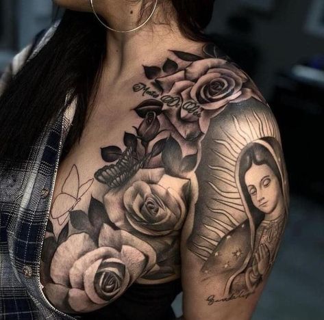 Tattoo Sleeve Designs Women Ideas, Virgen De Guadalupe Tattoo Ideas Back, Our Lady Of Guadalupe Tattoo Sleeve, Aztec Back Tattoo Women, Mexican Back Tattoo Women, In God We Trust Tattoo Women, Chicana Tattoos For Women Sleeve, Chingona Tattoos, Mexican Style Tattoos For Women