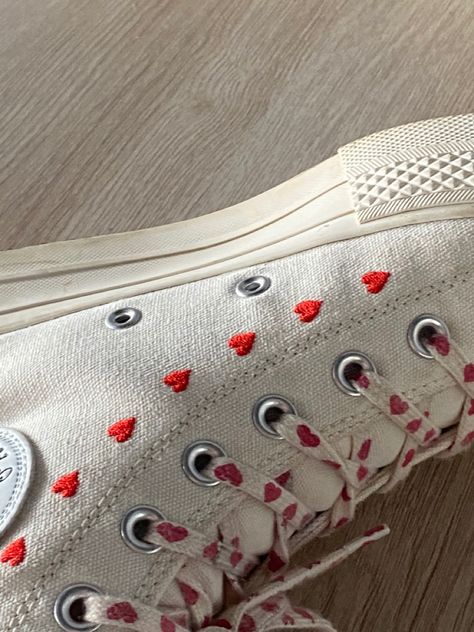 Heart Print Converse, Embroidered Red Converse, Debbie Core, Blood Converse, Valentines Day Converse, Converse Valentines, Red Converse Aesthetic, Valentines Shoes, Valentine's Aesthetic