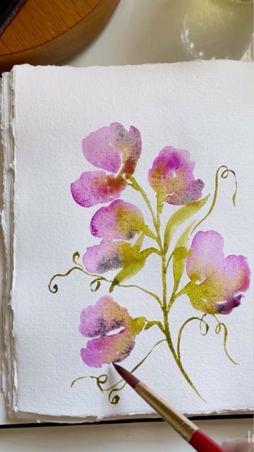 Sweet Peas Painting, Sweet Pea Watercolour Paintings, Sweet Pea Flowers Watercolor, Watercolor Sweet Peas, Sweet Pea Watercolor, Abstract Watercolor Flower, Watercolor Guide, Painting Birthday Party, Painting Flowers Tutorial