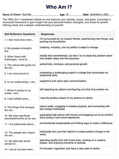 Who Am I Worksheet & Example | Free PDF Download Adlerian Group Therapy Activities, Who Am I Therapy Activity, Self Assessment Questions, Self Care In Recovery, How To Know Who I Am, Core Beliefs Cbt Worksheet, Wellness Recovery Action Plan Worksheets, Self Help Worksheets Printables Free, Self Advocacy Worksheets