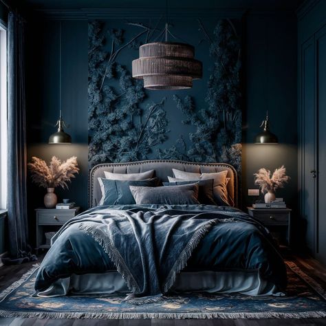 13 Dark Boho Bedroom Ideas That Will Inspire Your Next Redecorating Project 1 Dark Blue Bedding Aesthetic, Dark Blue Room Bedroom, Dark Teal Bedding, Dark Blue Bedroom Aesthetic, Forrest Bedroom, Moody Blue Bedroom, Blue Grey Bedroom, Dark Boho Bedroom Ideas, Ombre Bedroom