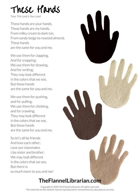 These Hands Song about Diversity and Skin Color for Preschool Circle Time Felt Set for Flannel Board. Watch Song on Youtube. Culture And Diversity Preschool Activities, Harmony Activities For Toddlers, All About Me Flannel Board, Multicultural Music Activities Preschool, Preschool Inclusion Activities, Multicultural Songs For Preschool, Diversity Math Activities For Preschool, Diversity Lesson Plans Preschool, Juneteenth For Preschool