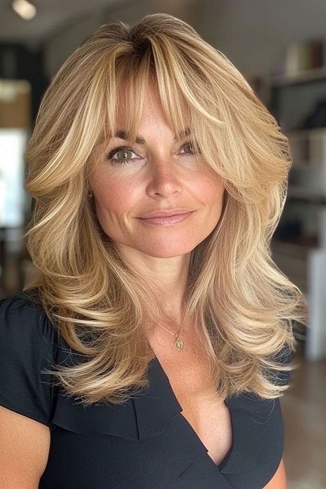 Voluminous Blonde 90s Vibe Layers, Long Layered Haircuts and Hairstyles For Women Over 40 Women’s Layered Hairstyles, 90s Hairstyles Medium Hair, 90's Haircut Medium, 90 Degree Haircut, Layered Hair Cuts, 90s Layers, 90s Haircuts, Hair Cuts For Women, Layered Haircuts With Bangs