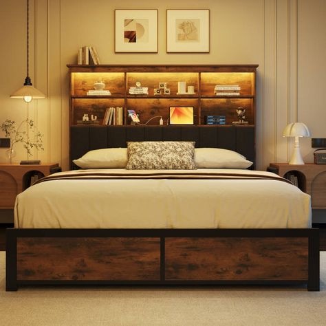 Industrial Bed Frame, Bed Frame With Storage Headboard, High Storage, Block House, Storage Bookcase, Hedgehog House, Storage Headboard, Rustic Headboard, Wall Panels Bedroom