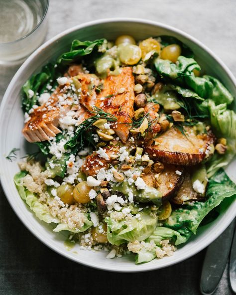 Honey Harissa Salmon Bowls Harissa Salmon, Salmon Bowls, Basil Vinaigrette, Salmon Bowl, Cooking Club, Kitchen Cooking, Couscous, Cobb Salad, Eggplant