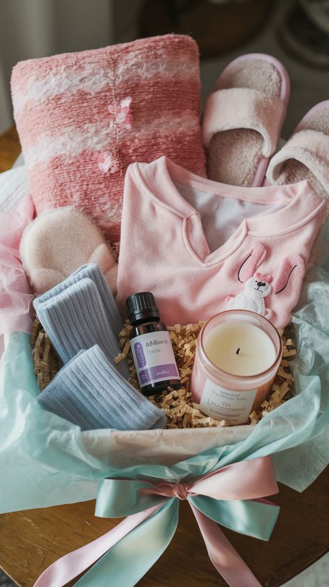 A cozy pajama basket is perfect for the woman who loves to relax in comfort. Start with a soft, plush robe or a pair of cute, Valentine’s Day-themed pajamas. Add cozy slippers, a pair of fuzzy socks, and a sleep mask to complete the comfort set. For extra pampering, include a scented candle, a bottle of lavender essential oil, or some calming chamomile tea. You could also add a cozy blanket and a pillow to enhance feeling of relaxation. Wrap the basket in soft tissue paper. #Anniversary#Xmas Pajama Gift Basket Ideas, Pajama Gift Basket, Valentine's Day Gift Baskets, Plush Robe, Cozy Slippers, Pajamas Gift, Cozy Pajamas, Chamomile Tea, Paper Anniversary