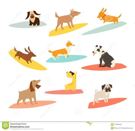 Illustration about Dog surfers set, vector cartoon illustrations. Dogs breeds on surfboard. Funny Cute dogs. Isolated on white. Illustration of brown, outdoors, cartoon - 101683426 Dogs Cartoon Illustration, Summer Dog Illustration, Surfboard Drawing, Beach Dog Illustration, Surfing Cartoon Illustrations, Dog On Surfboard, Animals At The Beach Illustration, Animal Surfing Illustration, Dog Surfing Illustration