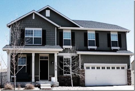 Exterior house ideas. Dark door, dark shutters, grey siding , white trims and gutters, grayish brick foundation cover. Grey House White Trim, Black Siding, Brown House Exterior, Dark Grey Houses, Black And White House, Grey Exterior House Colors, Grey Siding, Gray House Exterior, Black Shutters