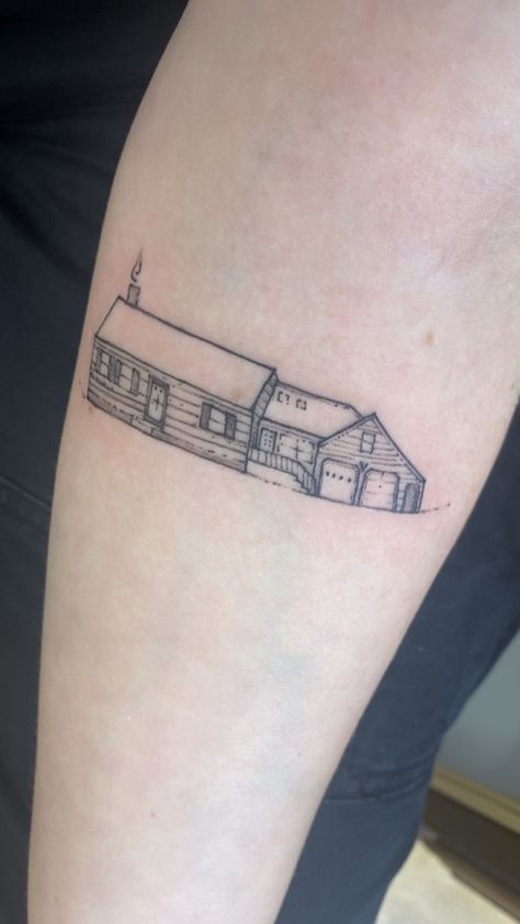 Baker Tattoo, Building Tattoo, Tattoo House, Tattoo Meaningful, Lake Tattoo, House Tattoo, Fine Line Tattoo, Tattoo Design Book, Line Tattoo