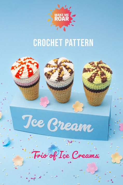 Crochet three fabulous flavours of ice cream with this easy to follow crochet pattern with lots of step by step photos.This will definetly put you in the a summery mood! great for play food. Cute Easy Crochet Gifts, Easy Crochet Food, Easy Cute Things To Crochet, Crochet Ice Cream Cone, Ice Cream Crochet, Crochet Play Food, Crochet Ice Cream, Cone Pattern, Ice Cream Pattern