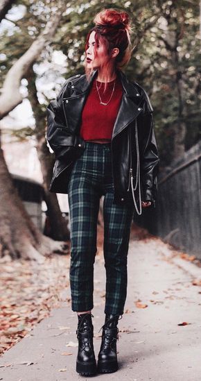 Oversized biker jacket with mix stitch jumper, green plaid tartan trousers & platform booties by luanna - #grunge #fashion #alternative Oversized Biker Jacket, Plaid Pants Outfit, Tartan Trousers, Fashion Alternative, Tartan Pants, Look Grunge, Alternative Outfits, Plaid Pants