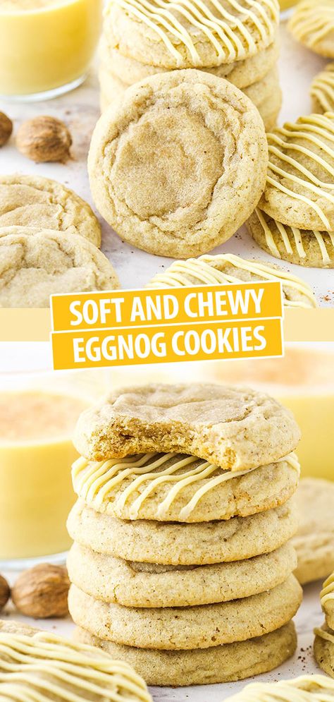 These Eggnog Cookies are insanely soft and chewy. You have to make them! Even if you don't like eggnog, you will fall in love with these cookies. #eggnog #cookies #eggnogcookies #soft #chewy #softcookies #chewycookies #christmascookies Eggnog Cookies, Cookies Soft, Eggnog Recipe, Egg Nog, Soft Cookie, Holiday Cookies, Holiday Baking, Cookie Recipe, Christmas Baking