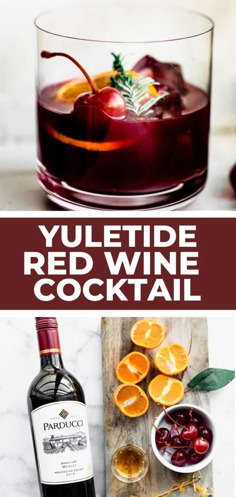 The best holiday cocktail recipe! These Yuletide Red Wine Cocktails are made with fresh fruit, red wine, bourbon, and a drizzle of maple syrup for a refined-sugar free drink. Wine Recipes Drink, Cotter Crunch, Red Wine Cocktails, Red Wine Drinks, Gluten Free Cocktails, Sugar Free Cocktails, Wine Cocktail Recipes, Bourbon Cherries, Red Wine Reduction