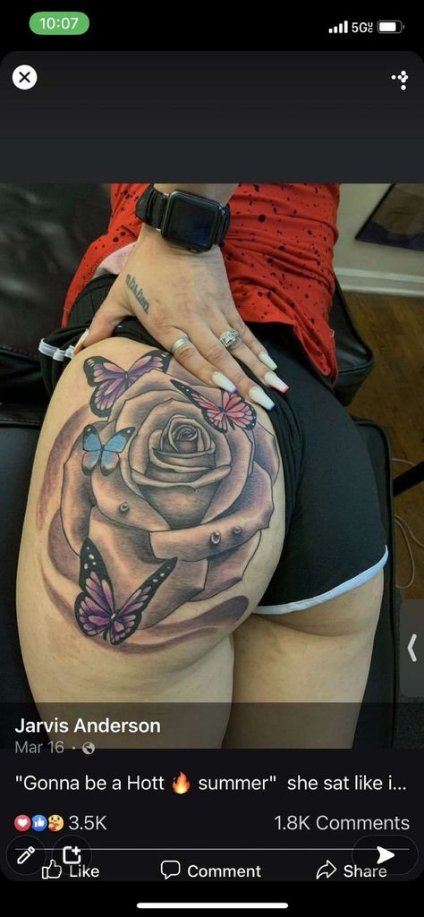 Tattoo Ideas Female Buttocks, Rose Tattoo On Buttocks, Butterfly On Buttocks Tattoo, Butterfly Tattoo On Buttocks, Butterfly Buttcheek Tattoo, Name On Buttcheek Tattoo, Buttcheek Tattoo Women, Tattoo On Buttcheek, Unique Thigh Tattoos