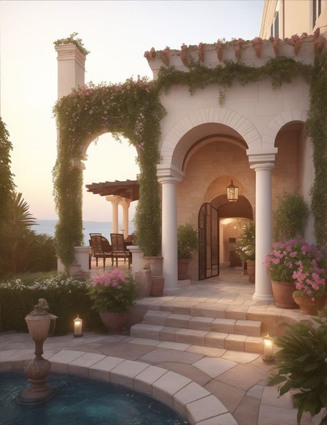 Italian/greek style house exterior with cozy garden Greek Style Home Exterior, Greek House Bloxburg, Greek Garden Aesthetic, Greek House Exterior, Greek House Aesthetic, Greek Style Garden, Italian Houses Exterior, Italian Architecture Homes, Greek Style House