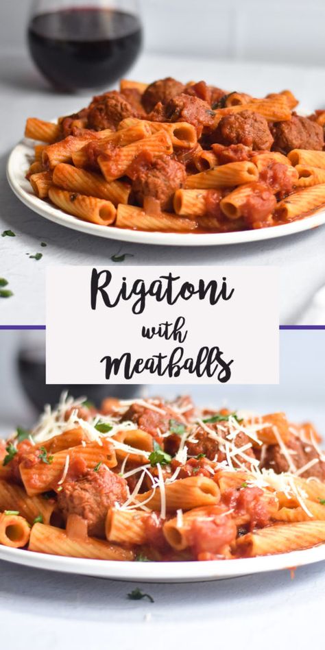 Rigatoni with Vegan Meatballs - Thyme & Love Beyond Meat Meatballs, Rigatoni And Meatballs, Pasta Vegan Recipes, Meatball Pasta Recipes, Vegan Easy Recipes, Meatless Pasta, Pot Pasta Recipes, Broccoli Spinach, Easy Pasta Recipe