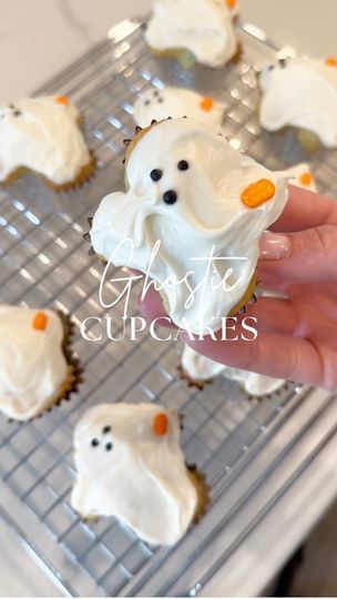 63K reactions · 8.7K shares | 🖤👻Cupcake Ghosties!👻🖤 All you need is cake mix, tinfoil, and some sprinkles!These went viral last year and for good reason!

Directions:
1. Prepare cupcake batter of choice. 
2. Fill cupcake liners with batter about 2/3 full. 
3. Roll foil into small balls. 
4. Shape cupcake liners to look like ghosts using 4 small balls per cupcake. 
5. Bake according to cupcake instructions. 
6. Allow cupcakes to completely cool before frosting. 
7. Create eyes and mouth using black round sprinkles. Add pumpkin sprinkle to ghost “arm”. Enjoy! 

#cupcakeghost #cupcakehack #ghostcupcake #halloweenbaking #halloweencupcake #fallbaking #halloweenpartyidea #halloweenrecipe #halloweenhack #halloweendecor #halloweenfood #halloweenparty #falloween #fall #spookyseason #fyp | Hanna Ghost Cupcakes, Cake Hacks, Baking Goods, Filled Cupcakes, Halloween Baking, Cupcake Liners, Halloween Cupcakes, Fall Baking, Halloween Cakes