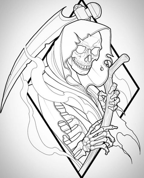 ohlatpz Grim Reaper Drawing, Flash Art Tattoos, Reaper Drawing, 천사와 악마, Grim Reaper Tattoo, Reaper Tattoo, Graffiti Tattoo, Skulls Drawing, Tattoo Stencil Outline