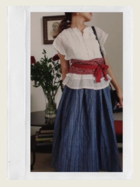 Red Obi Belt Outfit, White Ruffled Blouse, and Blue Striped Skirt Obi Belt Outfit, Obi Belt Batik, Street Style Skirt, Belt Outfit, Blue Striped Skirt, Batik Skirt, White Ruffle Blouse, Navy Outfit, Ruffled Blouse