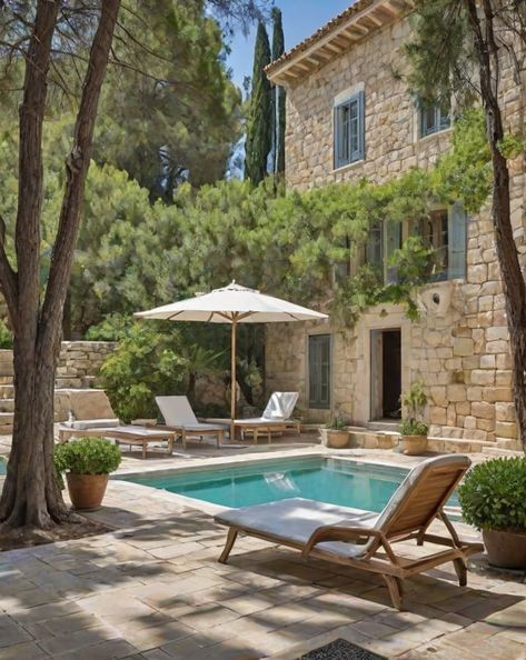 House Exterior With Pool, Mediterranean House Exterior, Patio Paradise, Mediterranean Pool, Mediterranean Homes Exterior, Pool And Patio, Spain House, Chairs Design, Large Pool