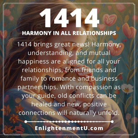 1414 brings great news! Harmony, understanding, and mutual happiness are aligned for all your relationships, from friends and family to romance and business partnerships. With compassion as your guide, old conflicts can be healed and new, positive connections will naturally unfold. Angel Number 1414 Meaning, 1414 Angel Number Meaning, 1414 Meaning, 1414 Angel Number, Spiritual Money, Angle Numbers, Love Spiritual, Angel Number Meaning, Angel Number Meanings