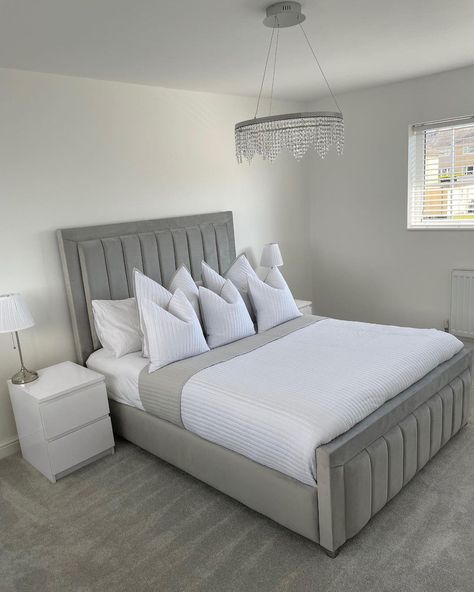 Grey Bed White Furniture, Grey Bed Ideas, Bed Frames Aesthetic, Grey Bed Frame Bedroom Ideas, Bedframe Ideas, Headboard Bedroom Ideas, Grey Bed Frames, Bed Frame Grey, First Home Together