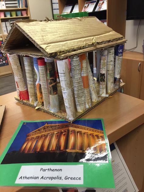 Parthenon Cardboard, Parthenon Craft, Roman Activities, Ancient Rome Kids Projects, Ancient Greece Display, Ancient Greece Crafts, Ancient Greece Projects, Greek Activities, Ancient Rome Projects