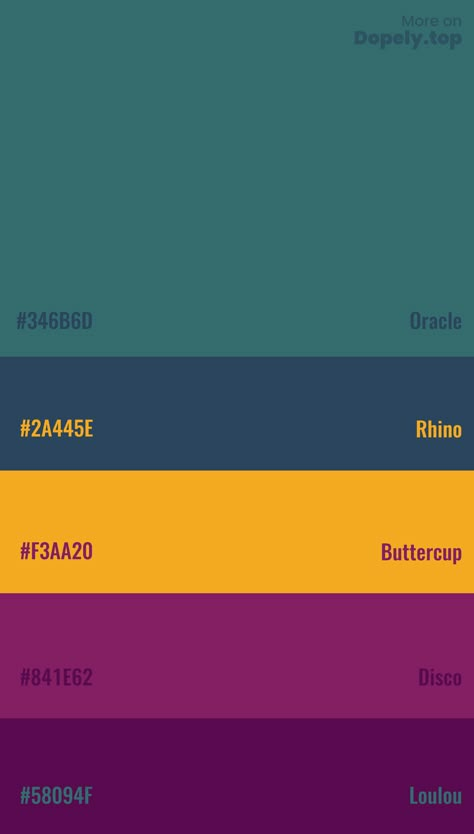 Color Palette Inspiration with this Hex codes: #58094F #841E62 #F3AA20 #2A445E #346B6D #dopely #colorpalette Pantone Colors Hex Code, Color Schemes Colour Palettes Hex Codes, Bright Color Schemes With Hex Codes, Color Pallet With Hex Code, 6 Color Palette Hex Code, 6 Colors Palette, Retro Color Palette Hex Codes, Neon Color Palette Hex Codes, Color Palette 6 Colors