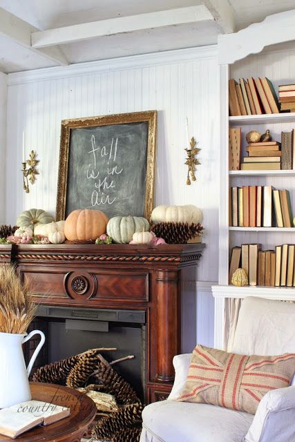 Dark Wood Fireplace, Mantel Styling, Autumn Farmhouse, White Mantel, Fall Mantle, Fall Is In The Air, Fireplace Mantel Decor, Fall Entertaining, Wood Mantels