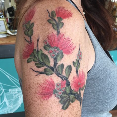 My new tattoo of an ohia branch with Lehua blossoms. Done by Kristin at South Seas Tattoo in Hilo HI. Ohia Lehua Flower Tattoo, Lehua Flower Tattoo, Ohia Lehua Tattoo, Lehua Tattoo, Lehua Flower, Ohia Lehua, Nurse Injector, Colorful Tattoos, Tree Tattoos