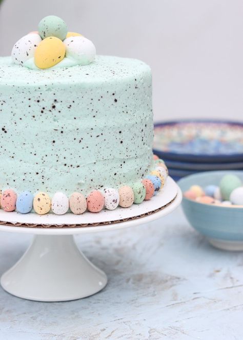 How to Make a Speckled Egg Cake for Easter | Sprinkle of This How To Make Speckled Easter Eggs, Easter Cakes Easy, Speckled Egg Cake, Easter Cake Designs, Easter Themed Cakes, Easter Cake Decorating, Easter Egg Cake, Candy Egg, Speckled Eggs