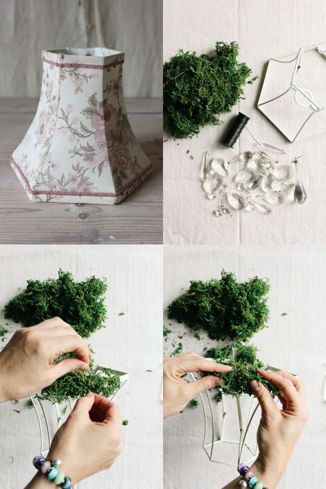 Tamsyn Morgans | How To Make A Moss Chandelier Moss Chandelier, Wall Hanging Paper Craft, Hanging Paper Craft, Craft For Home Decoration, Diy Paper Flowers, Moss Decor, Shabby Chic Lamps, Paper Wall Hanging, Diy Chandelier