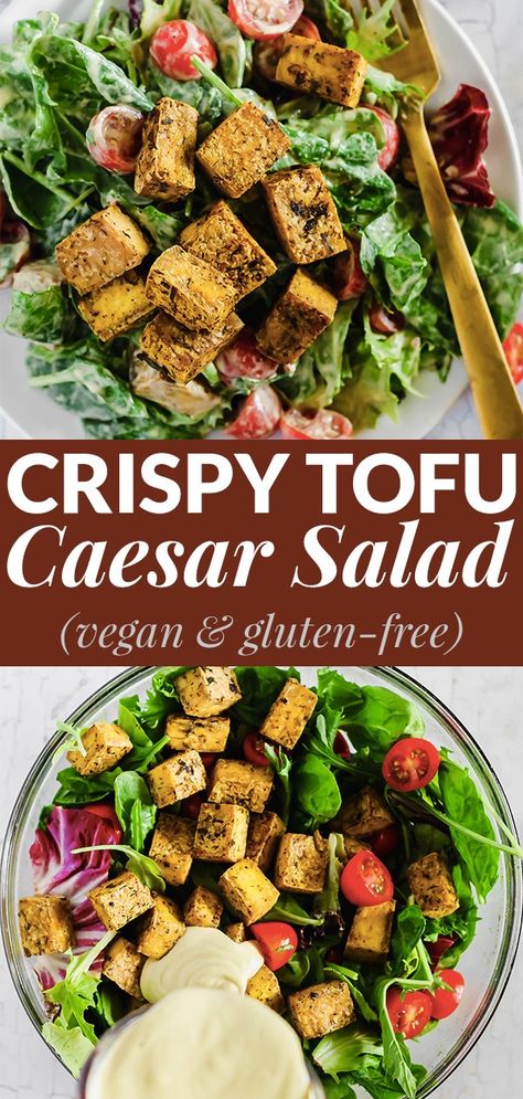 No more sad salads! This Crispy Tofu Caesar Salad is a dairy-free version of the classic dish with a tangy cashew dressing and baked tofu cubes. Serve it as a side or enjoy it for a meal. Vegan & gluten-free! #emilieeats #saladrecipes #vegansidedish #veganthanksgiving #vegancesarsaladrecipe Tofu Cubes, Cashew Dressing, Vegan Caesar Salad, Vegan Caesar, Tofu Vegan, Tofu Recipes Vegan, Tofu Salad, Tofu Dishes, Crispy Tofu