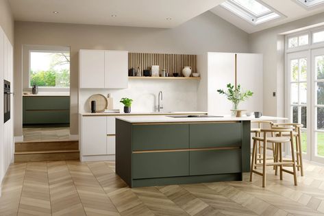 Scandi Inspired Moss Green Kitchen CGI Moss Green Kitchen, Simple Elegant Kitchen, White Scandinavian Kitchen, Organic Wood, Scandinavian Kitchen, Elegant Kitchens, Green Kitchen, Wood Accents, Moss Green