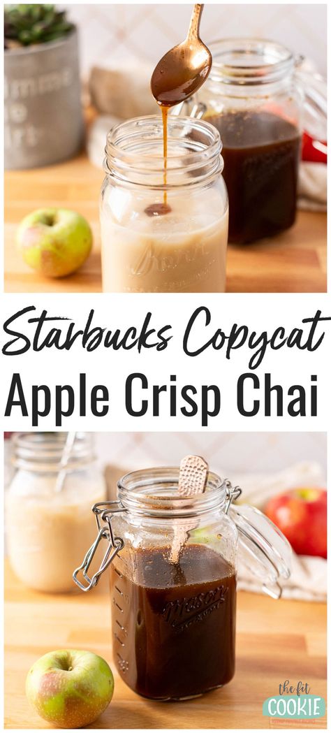 Apple Chai Syrup and Apple Crisp Chai Chai Coffee Creamer Recipe, Chai Honey Recipe, Apple Pie Iced Coffee, Spiced Apple Tea Starbucks, Chai Tea Starbucks Recipe, Starbucks Apple Crisp Syrup, Starbucks Apple Chai, Apple Pie Chai Tea, Apple Cider Chai Tea