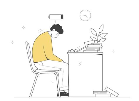 Tired man with low battery above head. Tired student fell asleep over a book. Mental strain, professional burnout syndrome. Outline illustration Tired Student, Burnout Syndrome, Tired Man, Outline Illustration, Fell Asleep, Low Battery, Cityscape Photos, Logo Banners, Heart With Arrow