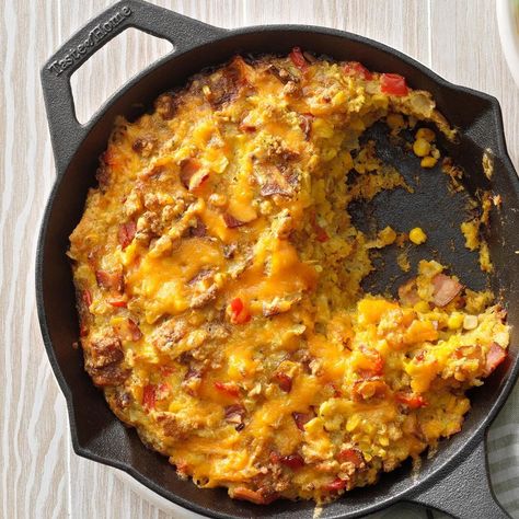 This cheddar corn pudding can be prepared ahead and refrigerated overnight. Remove from the refrigerator for 30 minutes before baking. —Lynn Albright, Fremont, Nebraska Cheese Cornbread, Cheddar Corn, Hasselback Sweet Potatoes, Cornbread With Corn, Stuffed Vegetables, Skillet Cornbread, Bacon Mac And Cheese, Corn Pudding, Best Bacon