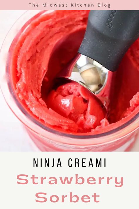 Ninja Creami strawberry sorbet is the perfect summer treat! This sweet and creamy frozen dessert is a healthy treat made with 3 ingredients - strawberries, lemon juice, and cane sugar, inside your ninja creami ice cream machine. Ninja Ice Cream Sorbet, Healthy Ninja Creami Fruit, Ninja Creami Sugar Free Sorbet, Ninja Creami Recipes Using Frozen Fruit, Ninja Creami Orange Sherbet, Ninja Creami Strawberry Sorbet Recipes, Ninja Creami Sherbet, Ninja Creami Raspberry Sorbet, Raspberry Sorbet Ninja Creami