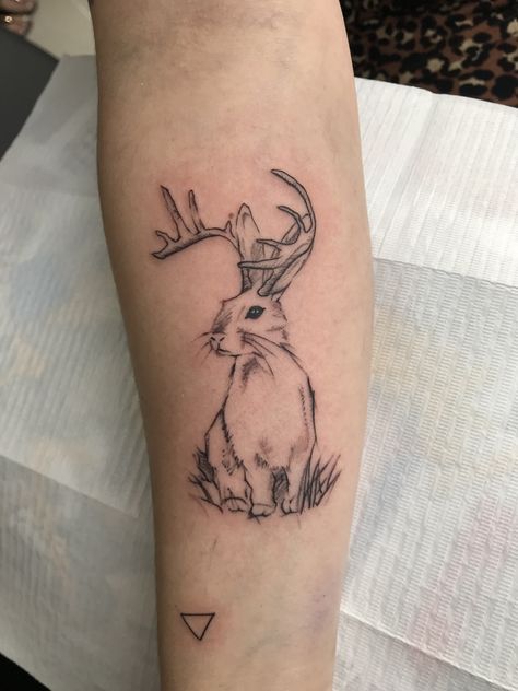 Jackalope Tattoo Design, Deer Tattoos For Women, Jackalope Tattoo, Fawn Tattoo, Antler Tattoo, Texas Tattoo, Behind Ear Tattoos, Fern Tattoo, Deer Tattoo