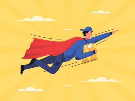 Deliveryman flying wear capes illustrati... | Premium Vector #Freepik #vector #cloud Flying Illustration, Flying Man, Reference Board, Real Hero, Delivery Man, Delivery Service, Premium Vector, Mobile App, Graphic Resources