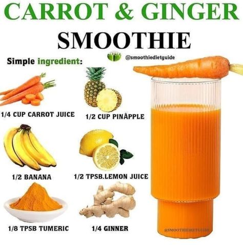 Carrot Ginger Smoothie, Ginger Smoothie Recipes, Easy Healthy Smoothie Recipes, Healthy Diet Smoothies, Carrot Smoothie, Blender Smoothie, Healthy Juice Drinks, Fruit Smoothie Recipes Healthy, Easy Healthy Smoothies