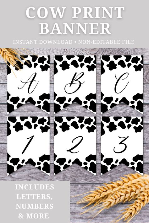 Elevate your upcoming celebration with a hint of classic black and white cow print! This printable cow banner garland is a versatile addition, featuring letters A-Z, numbers 0-9, symbols, and blank flags. Whether it's a charming barnyard baby shower or a rustic picnic-themed birthday bash, this banner fits flawlessly into your farm-inspired decor. Download now to craft a personalized banner that's as unique as your event! Barnyard Decorations, Rustic Picnic, Printable Cow, Barnyard Decor, Cow Print Birthday, Black And White Cow Print, White Cow Print, Black And White Cow, Barnyard Party