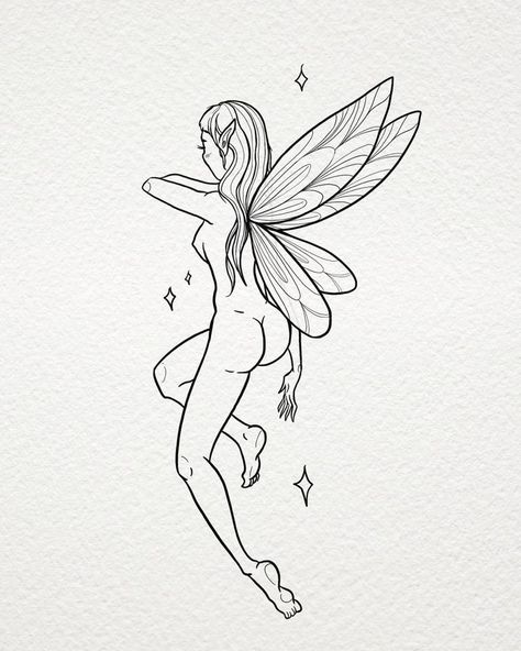 Thigh Fairy Tattoo, Fairy Design Tattoo, Kneeling Fairy Tattoo, Fairy Themed Tattoo, Mystical Fairy Tattoo, Fairy Flash Tattoo, Pixie Fairy Tattoo Ideas, Faerie Tattoo Ideas, Fairy Sternum Tattoo