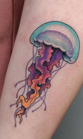 Discover the art of transformation with jellyfish tattoos in our article. Explore it and find 50+ stylish designs with meanings explained. Jellyfish Tattoo For Men, Jellyfish Tattoo Neotraditional, Jelly Fish Tattoo Traditional, Neo Traditional Jellyfish Tattoo, Neo Traditional Jellyfish, Aquatic Tattoo Ideas, New School Tattoo Designs Sketches, Traditional Jellyfish Tattoo, Colour Tattoo Designs