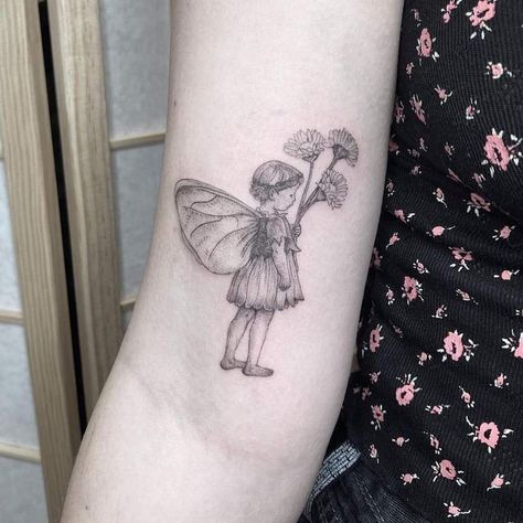 Daisy Fairy Tattoo, Rose Fairy Tattoo, Old School Fairy Tattoo, Fairy Holding Flower Tattoo, Baby Fairy Tattoo, Flower Fairies Tattoo, Fairy Garden Tattoo Sleeve, Garden Fairy Tattoo, Storybook Tattoo