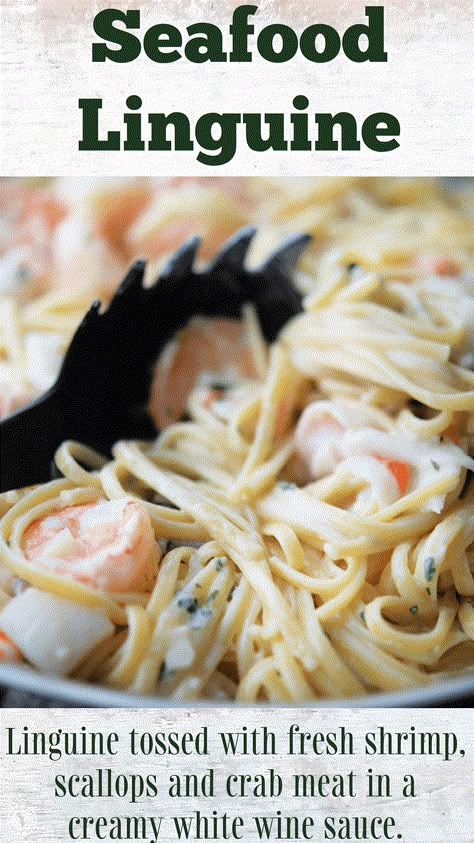 Linguine pasta tossed with fresh seafood like shrimp, sea scallops and lump crab meat in a creamy white wine alfredo sauce. Scallops Alfredo Pasta, Crab And Shrimp Pasta, Scallops Alfredo, White Wine Alfredo Sauce, Wine Alfredo Sauce, Pasta With Wine, Seafood Pasta White Wine, White Wine Pasta Sauce, Seafood Alfredo